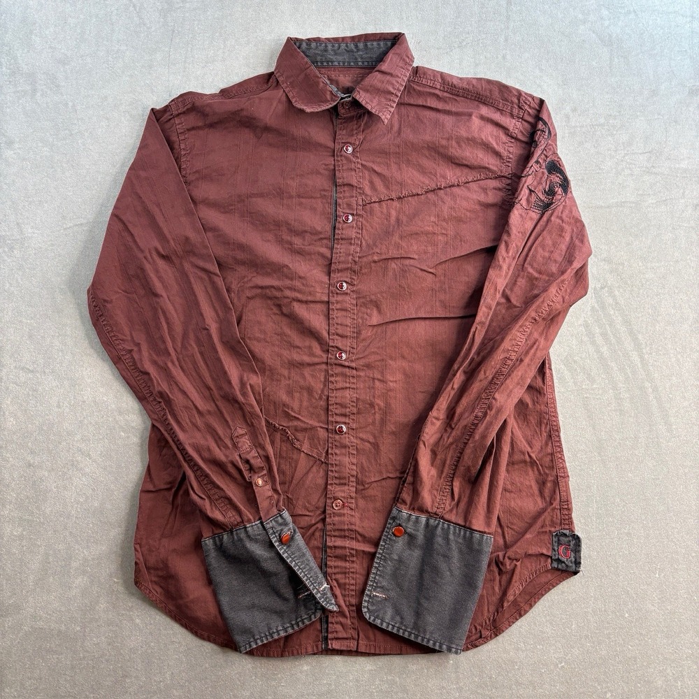 Guess Button Up Shirt  Brown Embroidered Long‎ Sleeve Y2K Men's Medium
